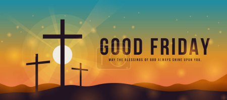 Illustration for Good friday - Silhouette three cross crucifix on mountain and sunlight and shine on orange green sky with circles light up to sky texture background vector design - Royalty Free Image