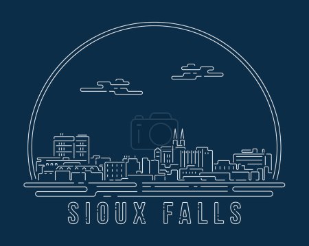 Téléchargez les illustrations : Sioux Falls - Paysage urbain avec ligne abstraite blanche courbe d'angle style moderne sur fond bleu foncé, bâtiment skyline ville vecteur illustration design - en licence libre de droit