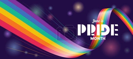 Illustration for June is Pride month - Text on Long colorful rainbow flag waving on black with light background vector design - Royalty Free Image