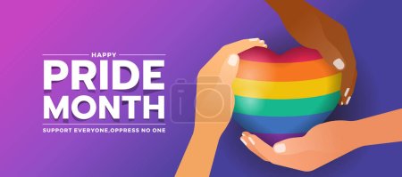 Illustration for Happy pride month - Three hands hold care rainbow colorful heart sign on blue and purple background vector design - Royalty Free Image