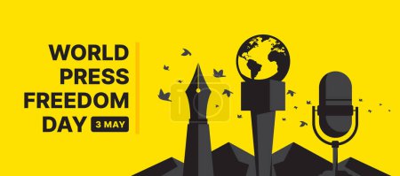 Téléchargez les illustrations : Journée mondiale de la liberté de la presse - Stylo microphone globe noir et microphone record mondial sur la montagne avec des oiseaux liberté volant autour sur fond jaune vecteur design - en licence libre de droit