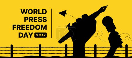 Téléchargez les illustrations : Journée mondiale de la liberté de la presse - Stylo à trou pour les mains en silhouette noire et microphone sur le fil barbelé et fusée volante en papier sur fond jaune dessin vectoriel - en licence libre de droit