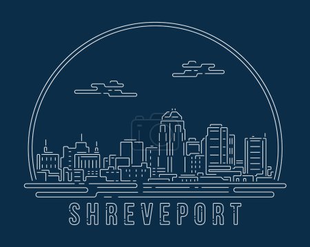 Téléchargez les illustrations : Shreveport - Paysage urbain avec ligne abstraite blanche courbe de coin style moderne sur fond bleu foncé, bâtiment skyline ville vecteur illustration design - en licence libre de droit