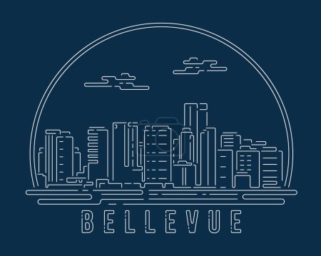 Illustration pour Bellevue, Washington- Paysage urbain avec courbe d'angle abstraite blanche style moderne sur fond bleu foncé, bâtiment skyline ville vecteur illustration design - image libre de droit