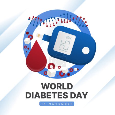 Ilustración de Día mundial de la diabetes - Análisis de glucosa gota de sangre roja azúcar en la sangre y ADN en el círculo azul anillo azul signo vector diseño - Imagen libre de derechos