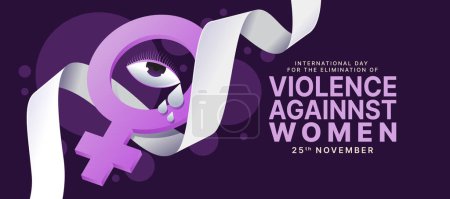 Internationaler Tag zur Beseitigung von Gewalt gegen Frauen - Weinendes Auge auf lila 3D-Frauenschild mit weißer Schleifenrolle, die um das Vektordesign weht