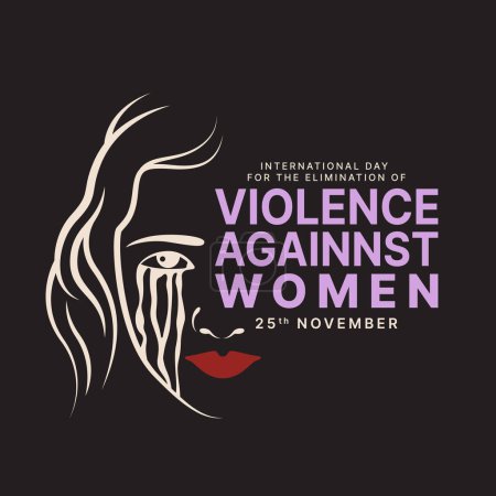 Téléchargez les illustrations : Journée internationale pour l "élimination de la violence à l" égard - Demi-visage de la femme en pleurs avec le style de dessin de ligne sur la conception vectorielle de terrain noir - en licence libre de droit