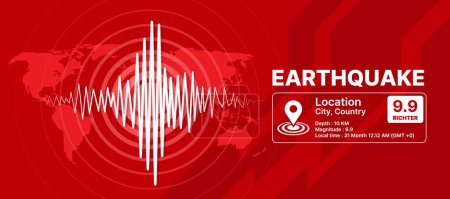 Illustration for Earthquake Concept - Earthquake infomation text, White line Frequency seismograph waves cracked and map world with Circle Vibration texture on red background Vector illustration design - Royalty Free Image