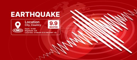 Erdbebenkonzept - Erdbebeninformationstext, White Line Frequency Seismographen Wellen rissen und Circle Vibration und Welt Textur auf rotem Hintergrund Vector Illustration Design