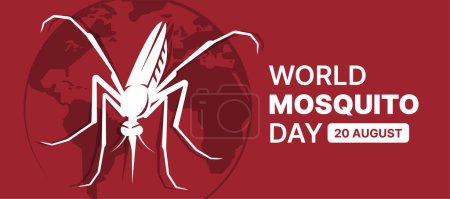 Téléchargez les illustrations : Journée mondiale des moustiques - Symbole du moustique blanc sur le globe rouge foncé texture mondiale fond vectoriel design - en licence libre de droit
