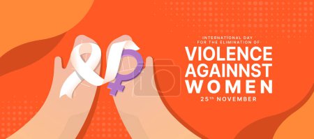 Téléchargez les illustrations : Journée internationale pour l "élimination de la violence à l" égard des femmes - Les mains tiennent un ruban de sensibilisation blanc et un signe féminin sur un fond orange dessin vectoriel - en licence libre de droit