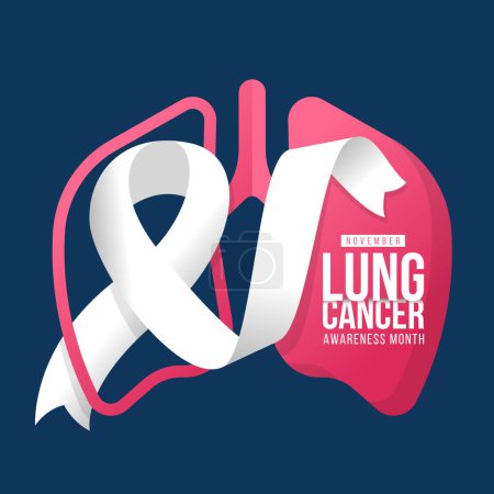 November, Monat des Bewusstseins für Lungenkrebs - weiße Bandrolle weht auf rosa Lungenschild auf dunkelblauem Hintergrund Vektor-Design