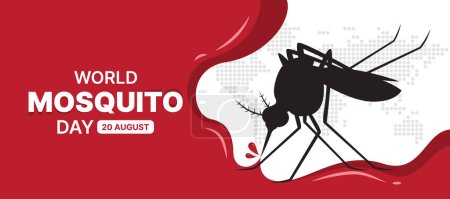 Téléchargez les illustrations : Journée mondiale des moustiques - Moustique noir buvant du sang de flux de goutte rouge sur la carte à points conception vectorielle de fond du monde - en licence libre de droit