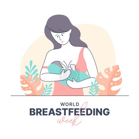 Illustration for World Breastfeeding Week banner with Mom Breastfeeding baby pastel and line charecter style yellow background vector design - Royalty Free Image