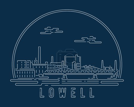 Ilustración de Lowell, Massachusetts - Paisaje urbano con línea abstracta blanca curva de esquina de estilo moderno sobre fondo azul oscuro, edificio skyline ciudad vector ilustración diseño - Imagen libre de derechos