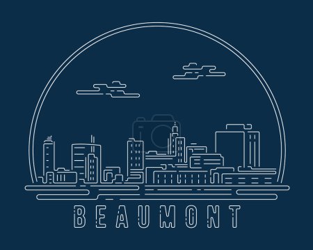 Téléchargez les illustrations : Beaumont, Texas - Paysage urbain avec courbe d'angle abstraite blanche style moderne sur fond bleu foncé, bâtiment skyline ville vecteur illustration design - en licence libre de droit