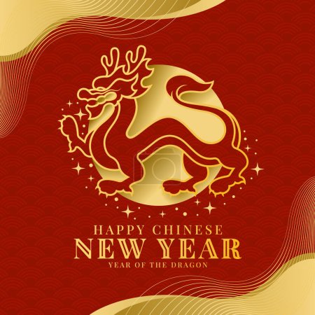 Ilustración de Feliz año nuevo chino - Línea de oro dragón de pie en el círculo de la luna con la estrella alrededor de signo en el fondo de textura roja vector de diseño - Imagen libre de derechos