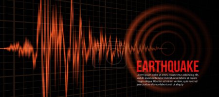 Illustration for Earthquake Concept - Orange light line Frequency seismograph waves cracked and Circle Vibration on perspective grid and black background Vector illustration design - Royalty Free Image