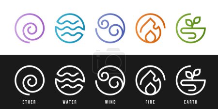Illustration for The Five elements of Ayurveda collection with ether water wind fire and earth Modern line circle icon sign style vector design - Royalty Free Image