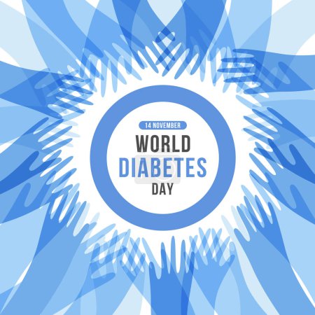 Illustration for World diabetes day - Text in Universal blue circle symbol for diabetes and abstract blue hands frame vector design - Royalty Free Image