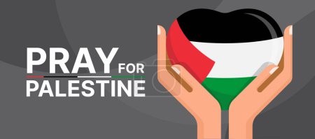 Ilustración de Rezar por Palestina - Texto y las manos sostienen el corazón con la bandera palestina en el diseño de vectores de fondo oscuro - Imagen libre de derechos