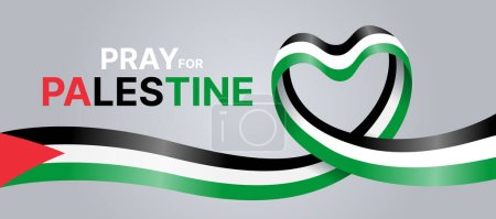 Illustration for Pray for palestine Text and long ribbon palestine nation flag roll wave make heart shape vector design - Royalty Free Image