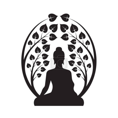 Ilustración de Buda Negro Meditación sentarse debajo del árbol bodhi con hojas abstractas forma ovalada moderna diseño de vectores de estilo - Imagen libre de derechos