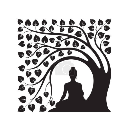 Meditación de Buda Negro sentarse bajo el árbol bodhi con hojas abstracto moderno diseño de vectores de estilo cuadrado