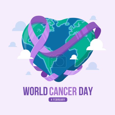 World cancer day - Lavender cancer ribbon roll waving world globe with heart shape vector design