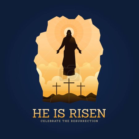 Illustration for He is risen, Celebrate the resurrection - Silhouette of Jesus Christ risen coming out from sepulchre or tomb floating in the sky with sunlight vector design - Royalty Free Image