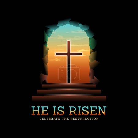 Illustration for He is risen, Celebrate the resurrection - Silhouette cross crucifix with light looking out from sepulchre or tomb vector design - Royalty Free Image