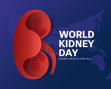 Illustration for World kidney day, Kidney health for all - text and red modern kidney on world map texture blue purple background vector design - Royalty Free Image