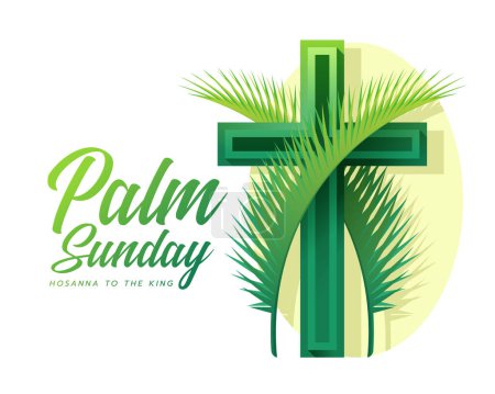 Ilustración de Domingo de palma, hosanna tothe rey - Dos palma verde dejan cruz cruz verde crucifijo signo en el diseño de vectores de fondo oval - Imagen libre de derechos