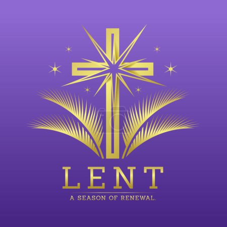 Illustration for LENT, a season of renewal - Gold text and gold cross crucifix with star light and palm leaves around on purple background vector design - Royalty Free Image