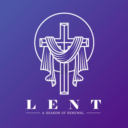 Illustration for LENT, a season of renewal - Text and White line lent cross crucifix with cloth in circle ring line sign on purple background vector design - Royalty Free Image
