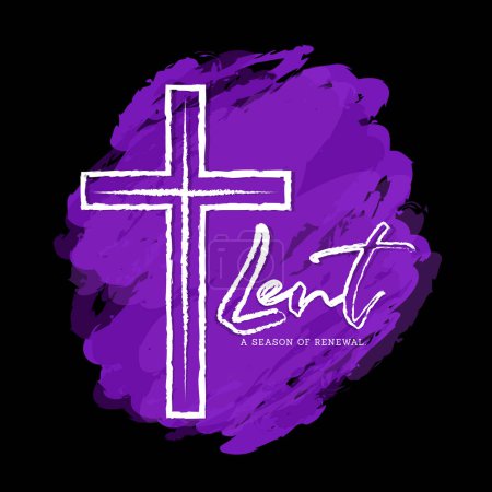 Illustration for LENT, a season of renewal - White ink brush text and cross crucifix sign on purple ink texture and black background vector design - Royalty Free Image