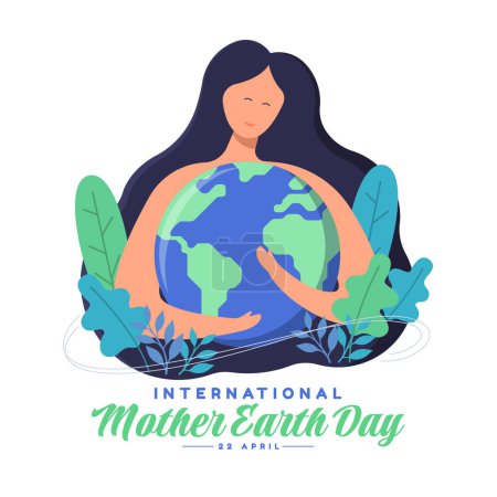 Internationaler Tag der Mutter Erde - Mutter Frau lange gebogene Haare halten Umarmung Erde mit Pflanze und Blatt um Vektordesign