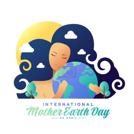 Internationaler Tag der Mutter Erde - abstrakte Mutter Frau lange gebogene Haare halten Umarmung Erde mit Bäumen und Nachthimmel um Vektordesign