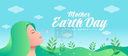 Ilustración de Día de la madre tierra - cabeza de la madre mujer pelo largo y verde con hojas de plantas y diseño de vectores de flores y cielos - Imagen libre de derechos