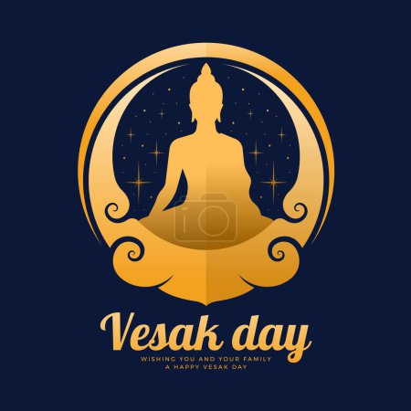 Vesaktag - Die goldene Buddha-Meditation im Kreiskurvenrahmen und Sternenlicht auf dunkelblauem Hintergrund