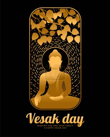 Illustration for The golden buddha meditation under bodhi tree and circle radiate with dashed line and dot bubble around in rectangle with rounded edges on black background vector design - Royalty Free Image