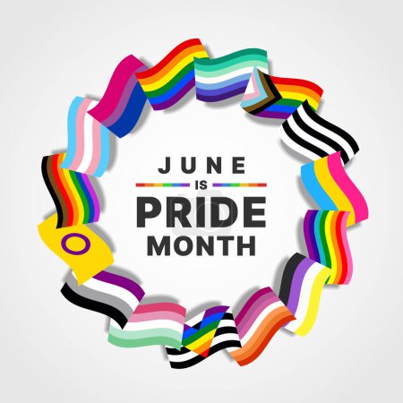 June is pride month - Text in circle frame with set of LGBTQ pride flags roll around vector design