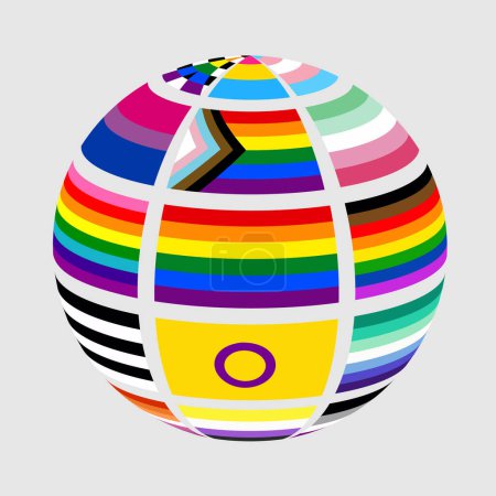 Symbole du monde Circle Globe avec ensemble de drapeaux de fierté LGBTQ design vectoriel