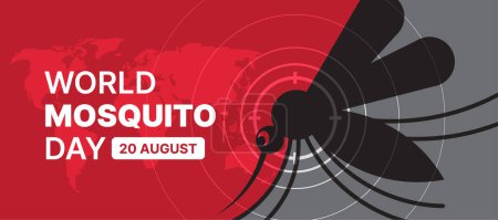 Journée mondiale des moustiques - Moustique noir et le cercle se concentrent sur un fond gris moitié rouge avec la conception vectorielle de texture de carte du monde