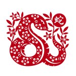 Chinese Zodiac Animals - Red paper cuting snake and china word mean snake in circle with flower and leaf around vector design