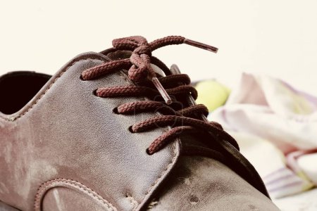 Photo for Close up Shoelace Genuine Leather Safety Footwear. - Royalty Free Image