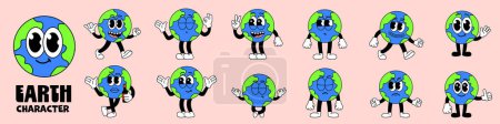 Photo for Groovy earth mascot character. Earth day design. Trendy retro 70s sticker pack. - Royalty Free Image