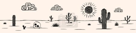 Ilustración de Corte de madera del paisaje del desierto. Fondo con estilo cordel de cactus. - Imagen libre de derechos