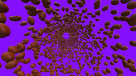 Tunnel aus Kaffeebohnen auf violettem Hintergrund. 3D-Rendering von Kaffee-Zutaten.