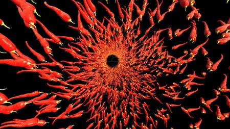 3D-Darstellung von rotem scharfem Chilli im abstrakten Raum mit schwarzem Hintergrund.